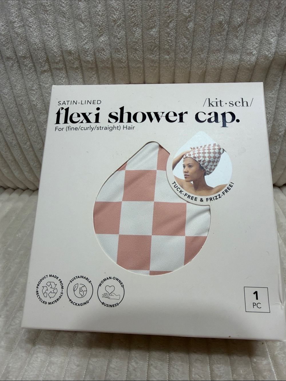 Kitsch Satin-Lined Flexi Shower Cap in Pink and White Checker